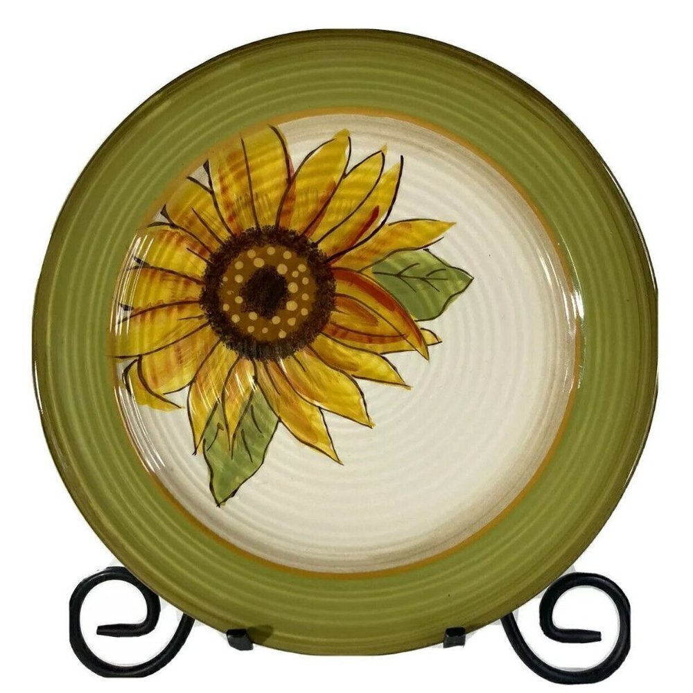 Set Of 6 Clay Art Sunflower Hand Painted Stone Lite Salad Dessert Plates 8.25